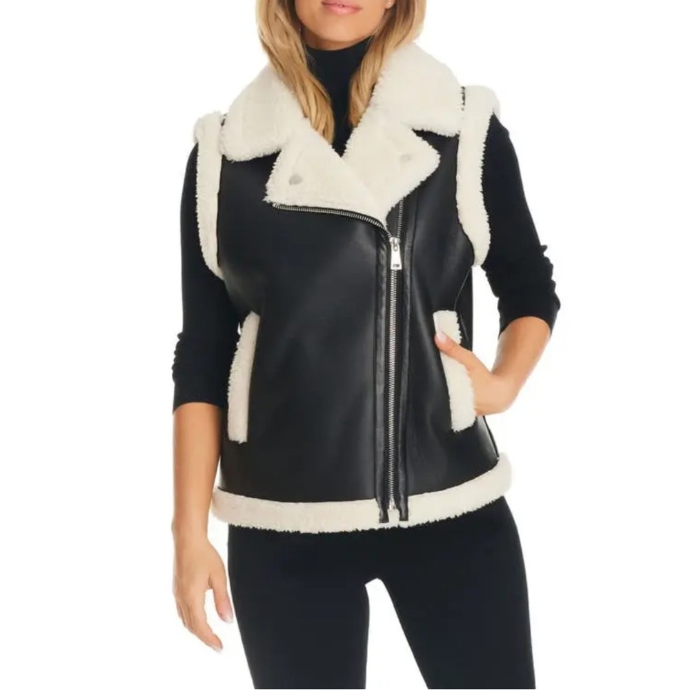 NWT Sanctuary Women’s Bonded Faux Leather & Faux Shearling Moto Vest Winter Warm